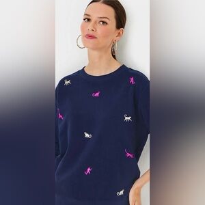 Lilly Pulitzer Rare Print Ballad Monkey Sweatshirt Navy Embroidered Size L